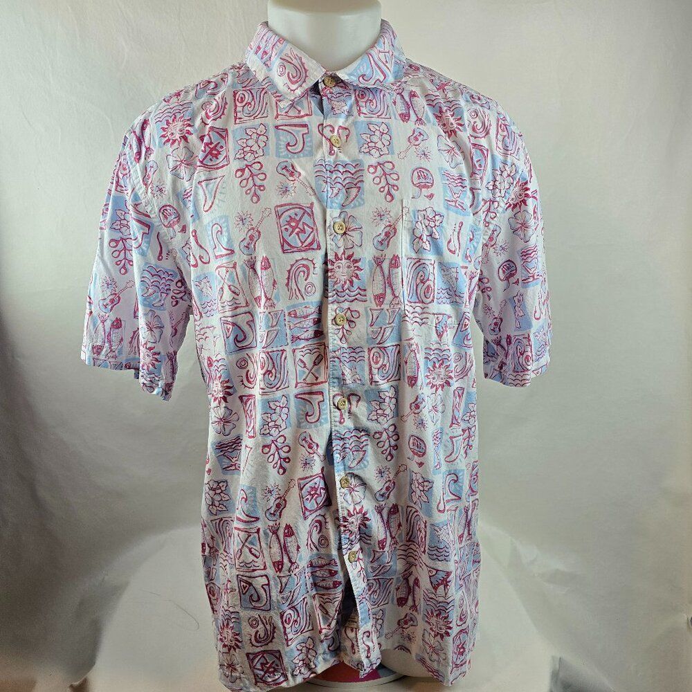 Quiksilver Waterman Shirt Men XL White Blue Red Button Up Aloha Hawaiian Reverse